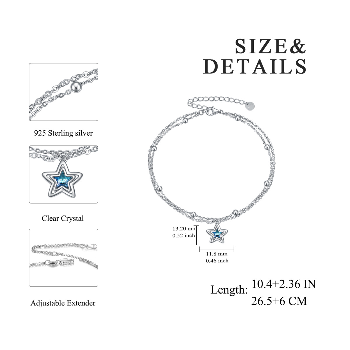 Sterling Silver Crystal Star Multi-layered Anklet-4