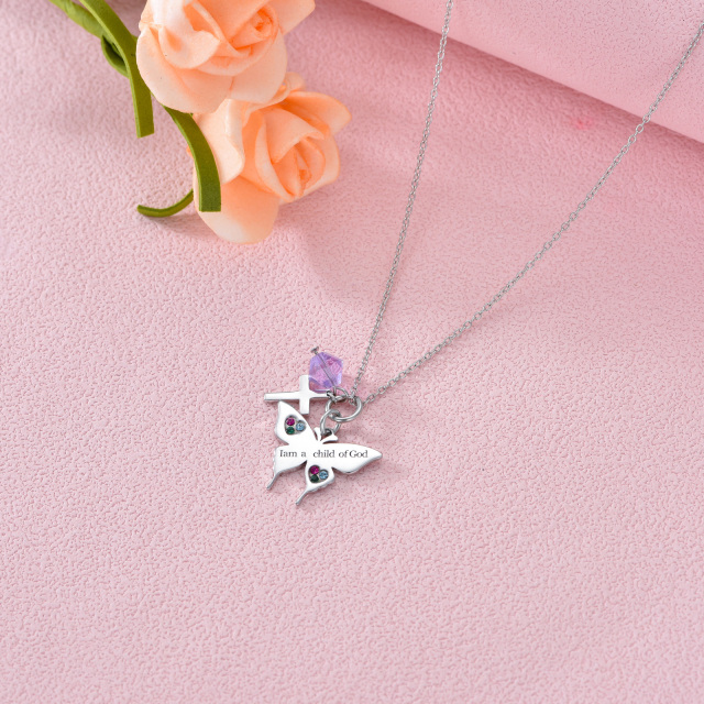 Sterling Silver Crystal Stine & Personalized Engraving Butterfly & Cross Pendant Necklace-5