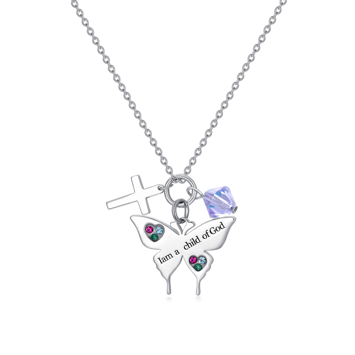 Sterling Silver Crystal Stine & Personalized Engraving Butterfly & Cross Pendant Necklace-1