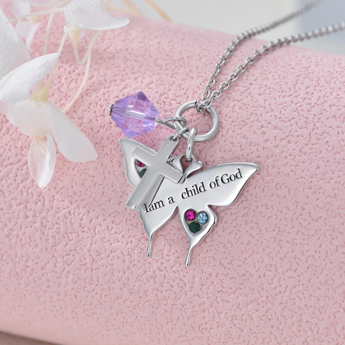 Collar de plata de ley con grabado personalizado de mariposa y cruz para niña-2