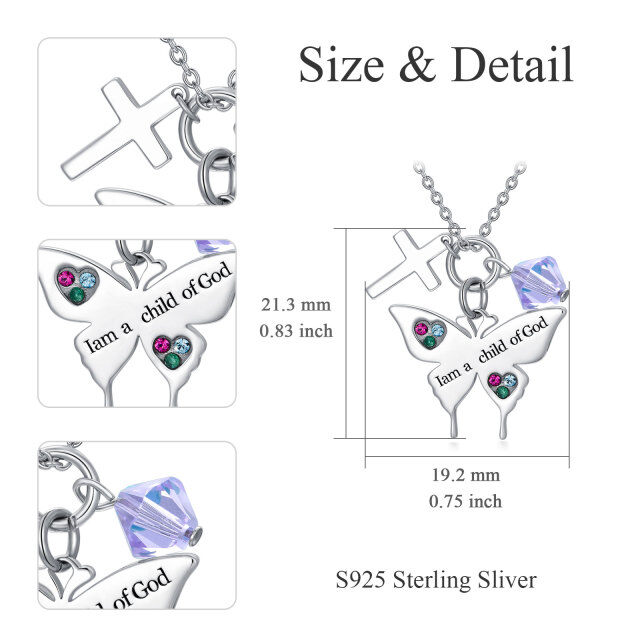 Sterling Silver Crystal Stine & Personalized Engraving Butterfly & Cross Pendant Necklace-6