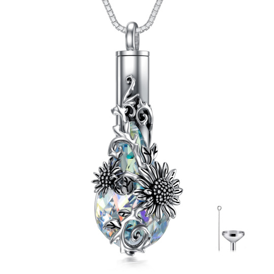 Sterling Silver Crystal Sunflower & Drop Shape Urn Necklace for Ashes