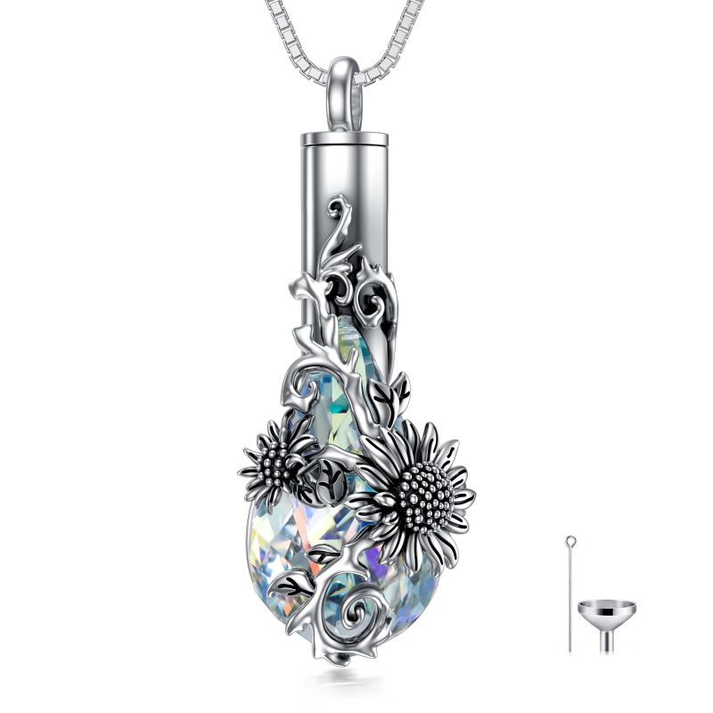 Sterling Silver Crystal Sunflower & Drop Shape Urn Necklace for Ashes-8