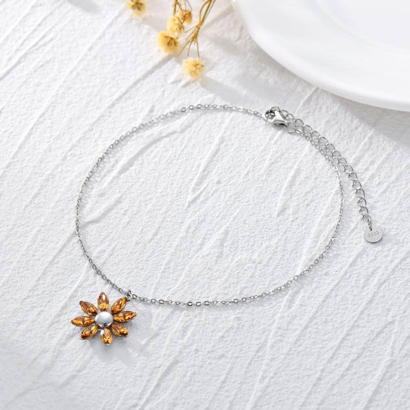 Sterling Silver Crystal Sunflower Single Layer Anklet-3