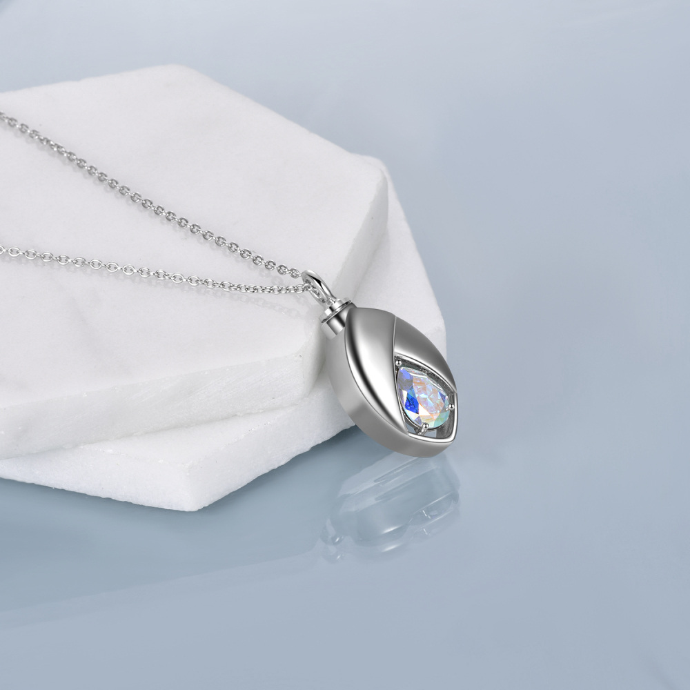 Sterling Silver Crystal Tear Drop Shape Urn Necklace for Ashes-3