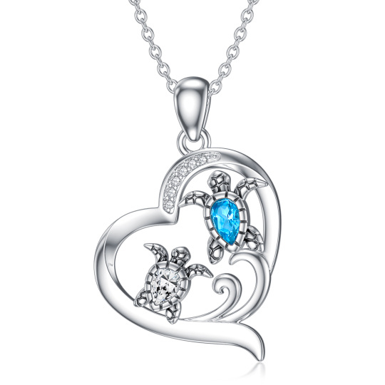 Sterling Silver Crystal & Cubic Zirconia & Topaz Sea Turtle & Heart Pendant Necklace