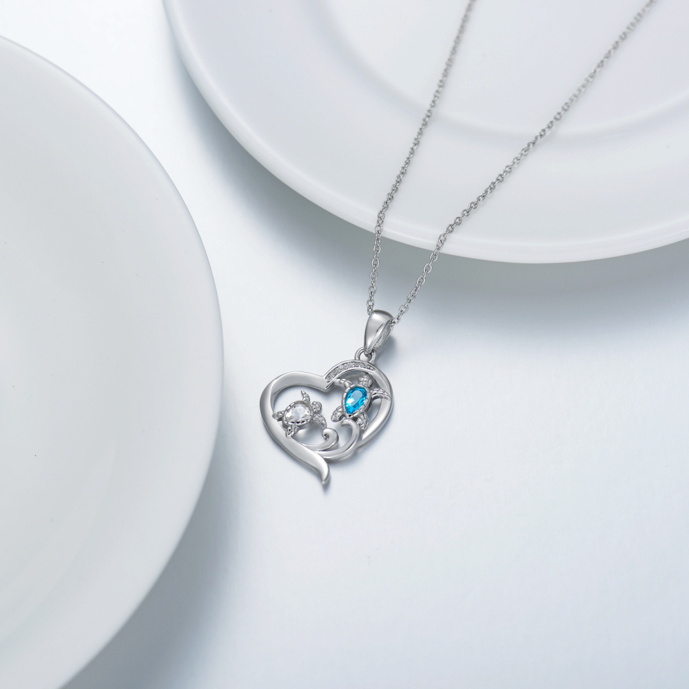 Sterling Silver Crystal Cubic Zirconia And Heart Topaz Sea Turtle Pendant Necklace For Women-4