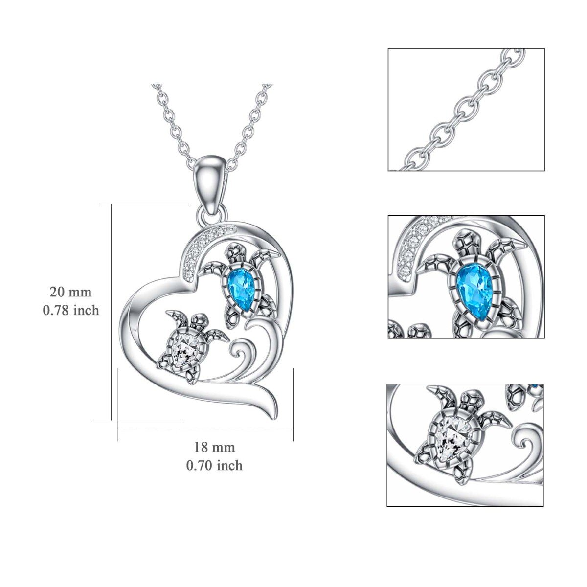 Sterling Silver Crystal Cubic Zirconia And Heart Topaz Sea Turtle Pendant Necklace For Women-5