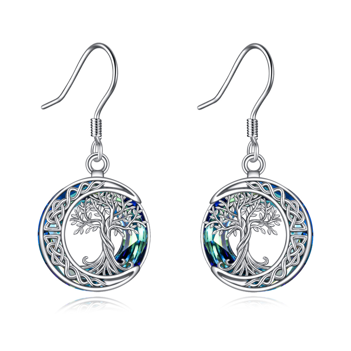 Boucles d'oreilles pendantes en argent sterling et cristal avec arbre de vie et nœud celtique