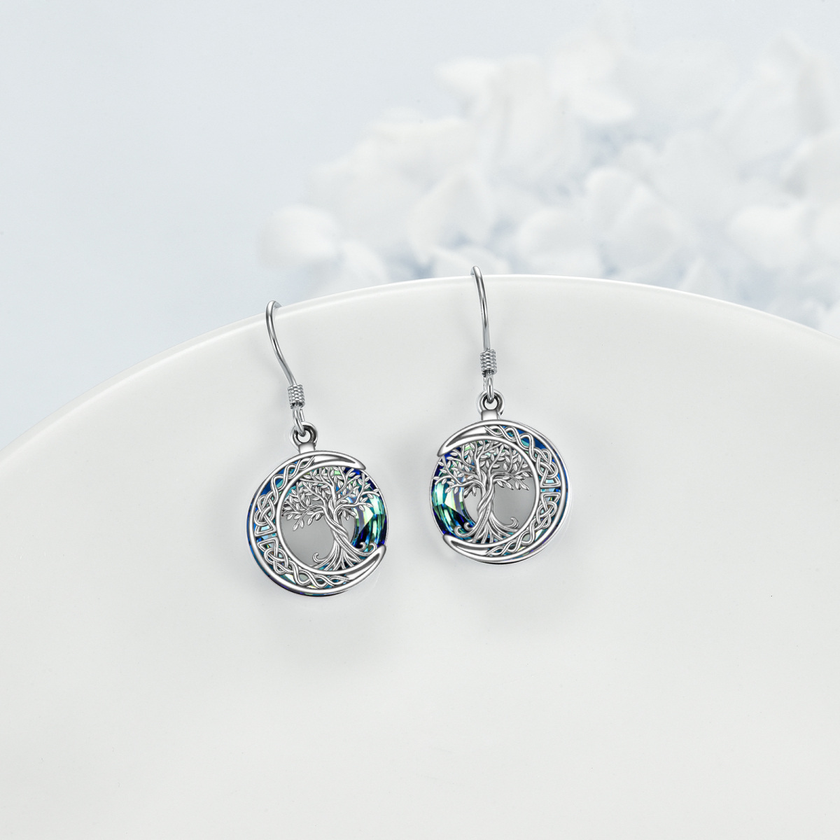 Boucles d'oreilles pendantes en argent sterling et cristal avec arbre de vie et nœud celtique-3