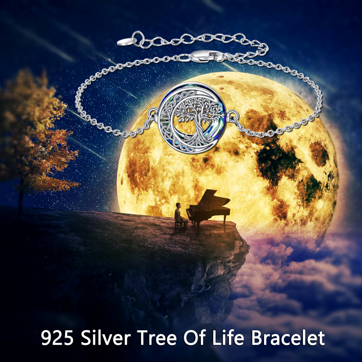 Bracelet rond en argent sterling avec pendentif arbre de vie et nœud celtique en forme de lune pour femme-6