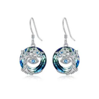 Sterling Silver Crystal Tree Of Life & Evil Eye Drop Earrings-4