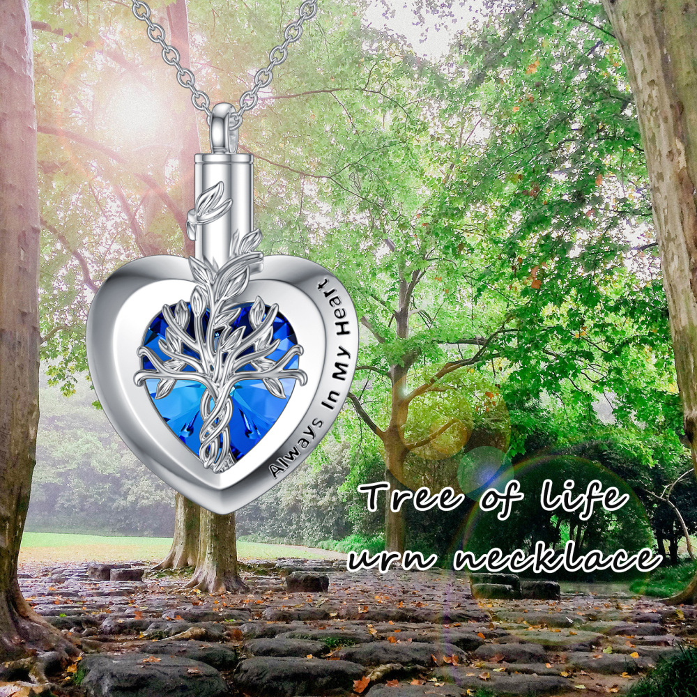 Sterling Silver Crystal Tree Of Life & Heart Urn Necklace for Ashes with Engraved Word-5