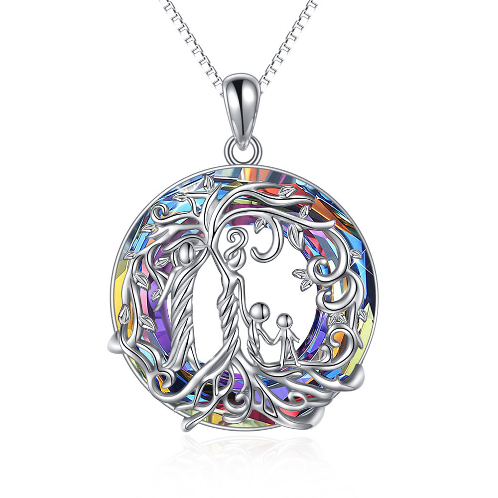 Halskette mit Anhänger „Baum des Lebens und Mutter und Tochter“ aus Sterlingsilber mit vulkanischem Kristall für Damen-1