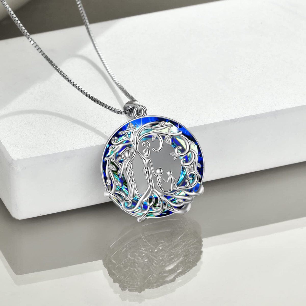 Collar con colgante de árbol de la vida con madre e hija de plata de ley con cristal azul para mujer-3