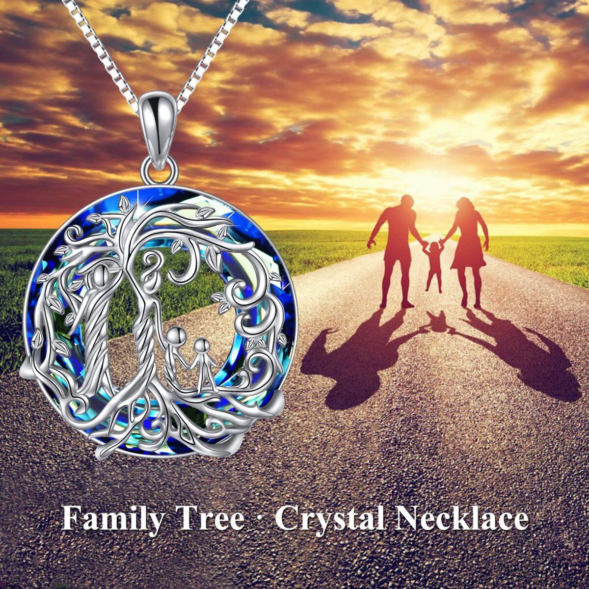 Collar con colgante de árbol de la vida con madre e hija de plata de ley con cristal azul para mujer-5
