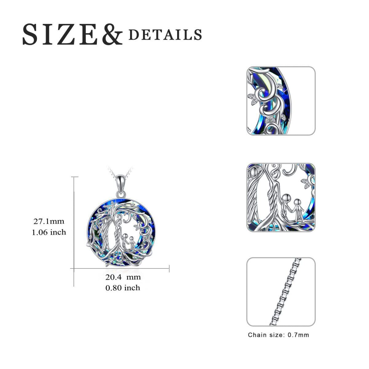 Collar con colgante de árbol de la vida con madre e hija de plata de ley con cristal azul para mujer-6