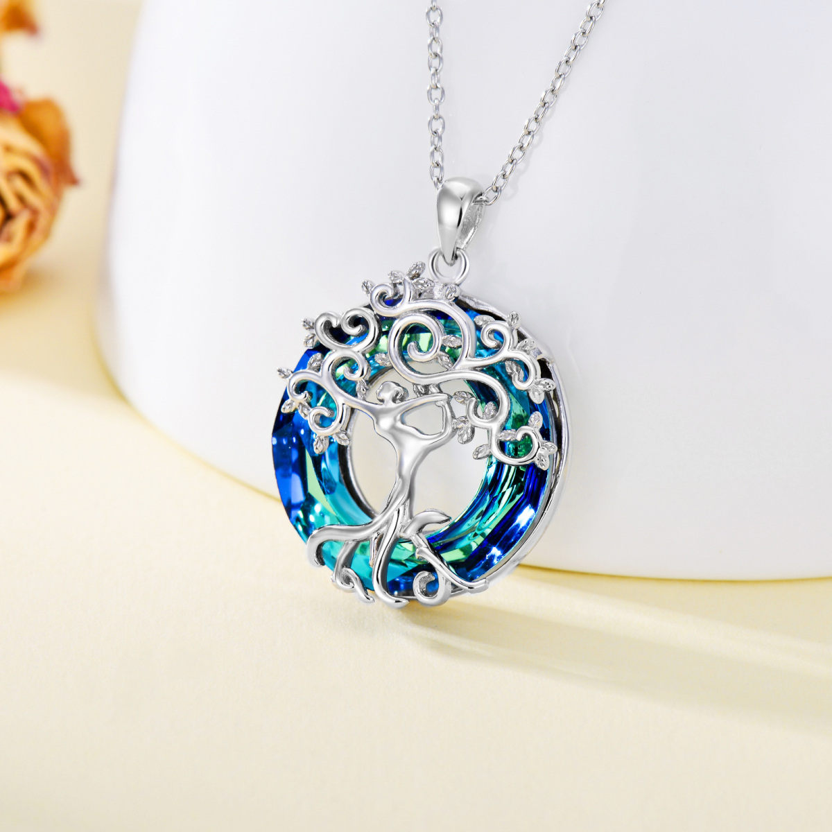 Sterling Silver Crystal Tree Of Life & Yoga Pendant Necklace-2