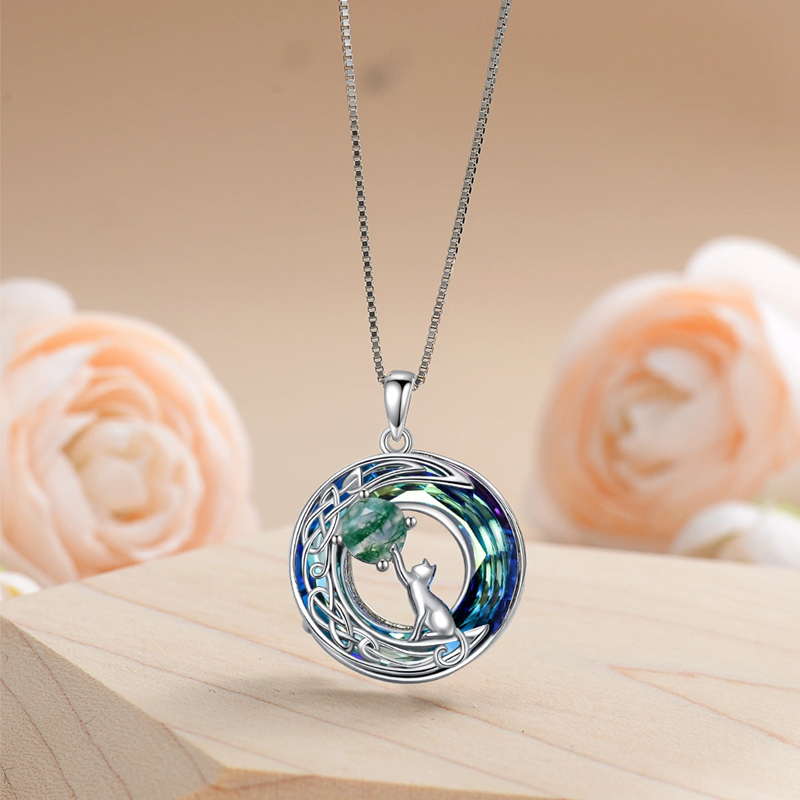 Sterling Silver Cat Crystal Pendant Necklace-3