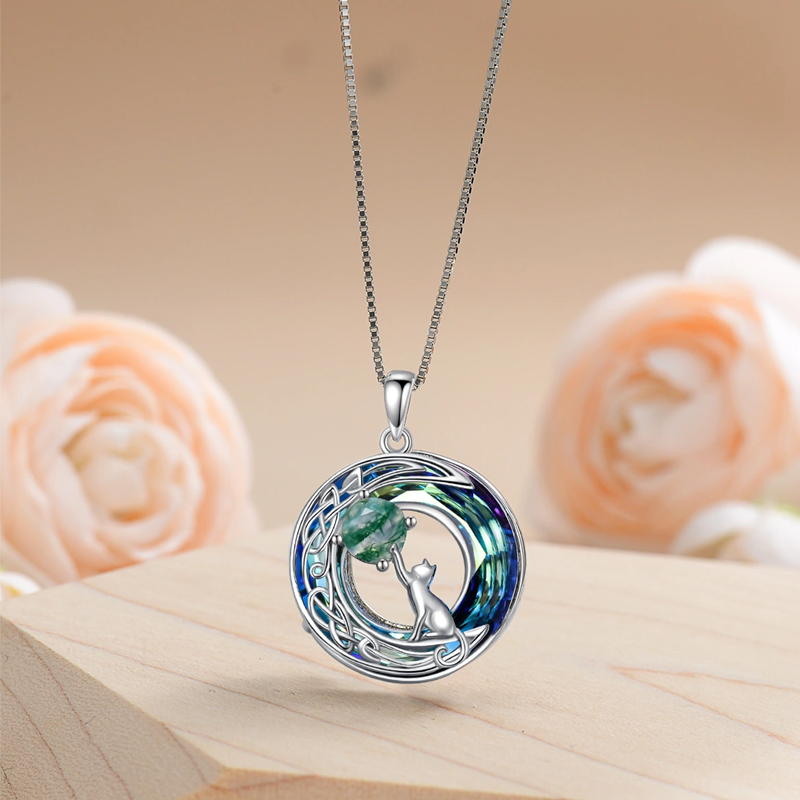 Sterling Silver Crystal & Turquoise Cat Pendant Necklace for women-3