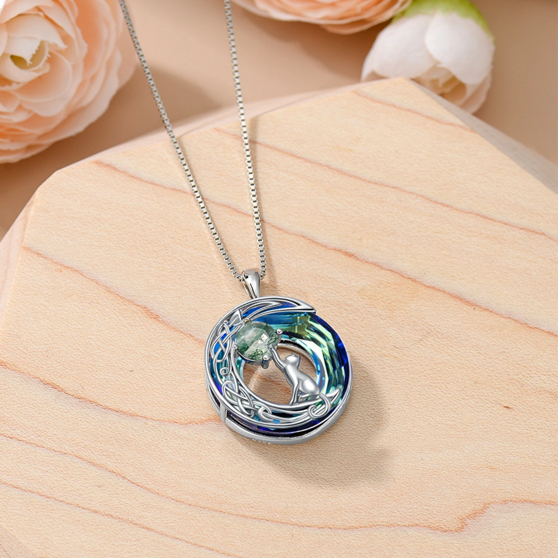 Sterling Silver Cat Crystal Pendant Necklace-4