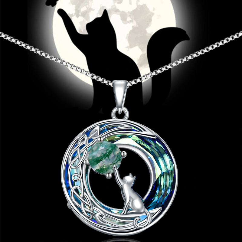 Sterling Silver Crystal & Turquoise Cat Pendant Necklace for women-6