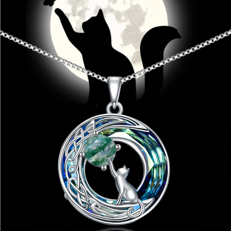 Sterling Silver Cat Crystal Pendant Necklace-6