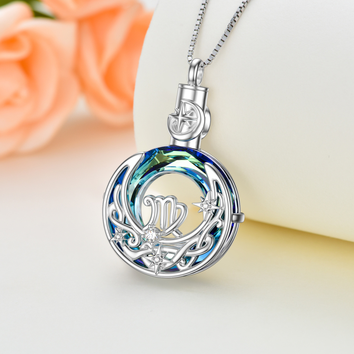 Sterling Silver Crystal Virgo & Celtic Knot & Moon Urn Necklace for Ashes-5