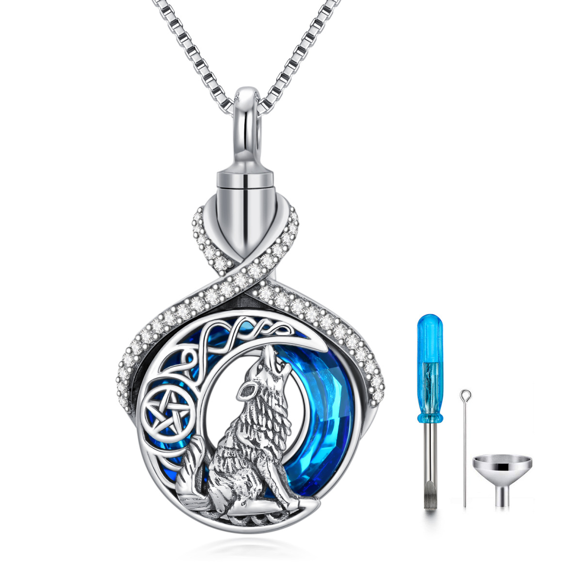 Sterling Silver Crystal With Cubic Zirconia Wolf & Infinity Symbol Urn Necklace For Ashes-1