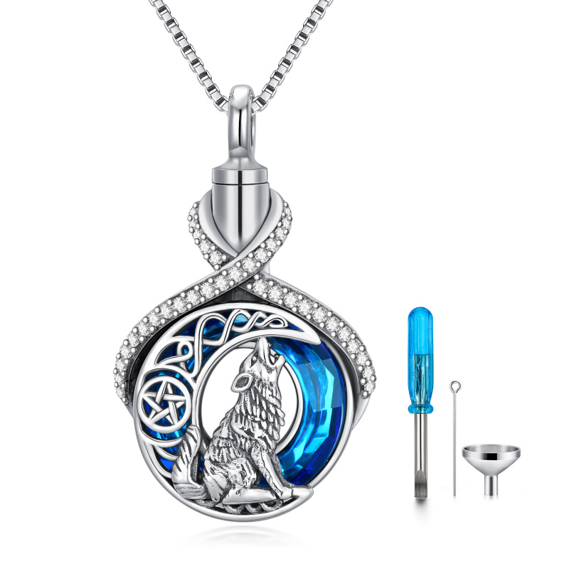Sterling Silver Crystal With Cubic Zirconia Wolf & Infinity Symbol Urn Necklace For Ashes-2