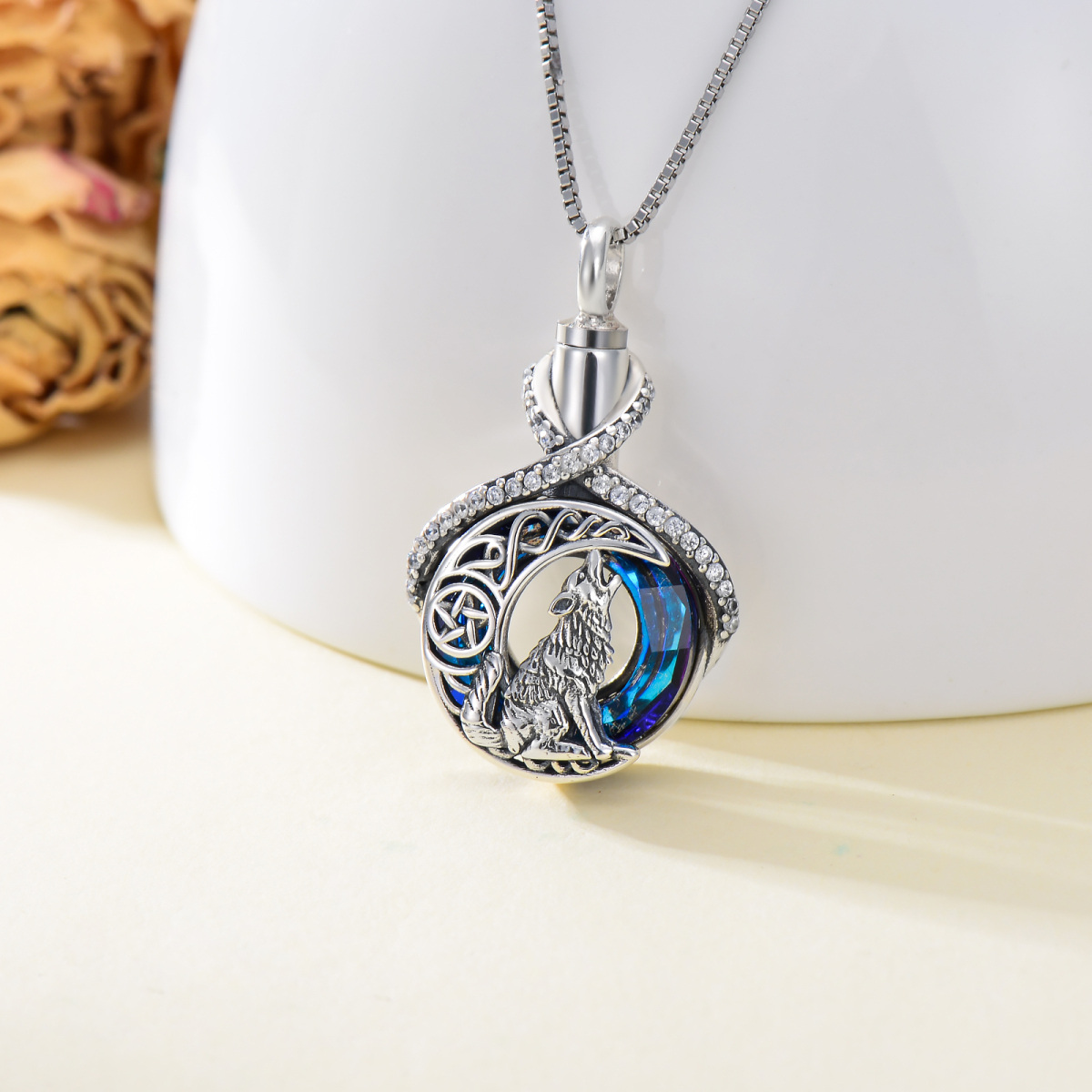 Sterling Silver Crystal With Cubic Zirconia Wolf & Infinity Symbol Urn Necklace For Ashes-3