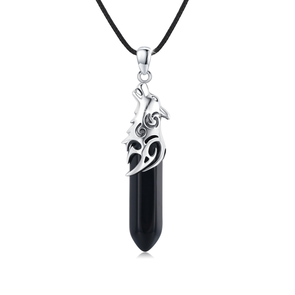 Sterling Silver Crystal Wolf Pendant Necklace-1