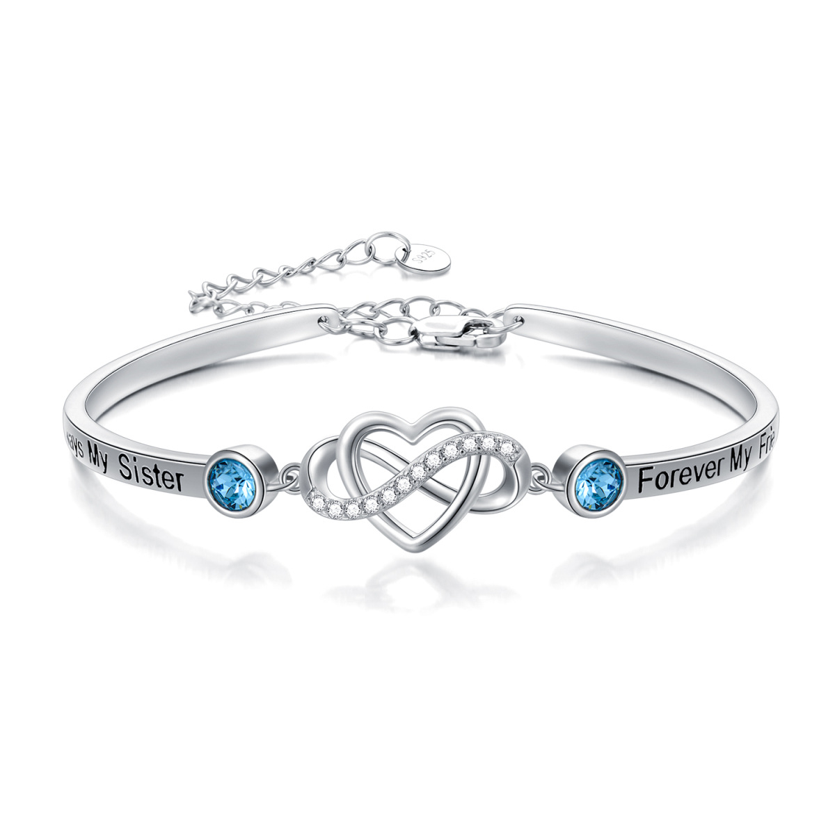 Sterling Silver Crystals Adjustable Infinity Love Heart Bangle Bracelet for Sister Mother Daughter-1