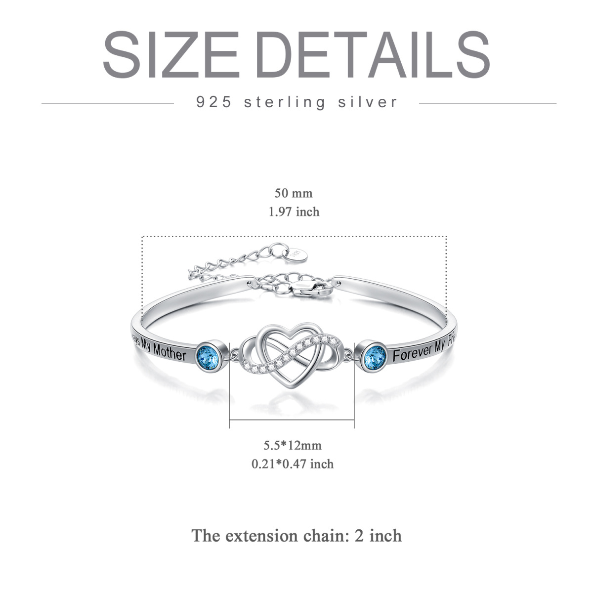 Sterling Silver Crystals Adjustable Infinity Love Heart Bangle Bracelet for Sister Mother Daughter-4