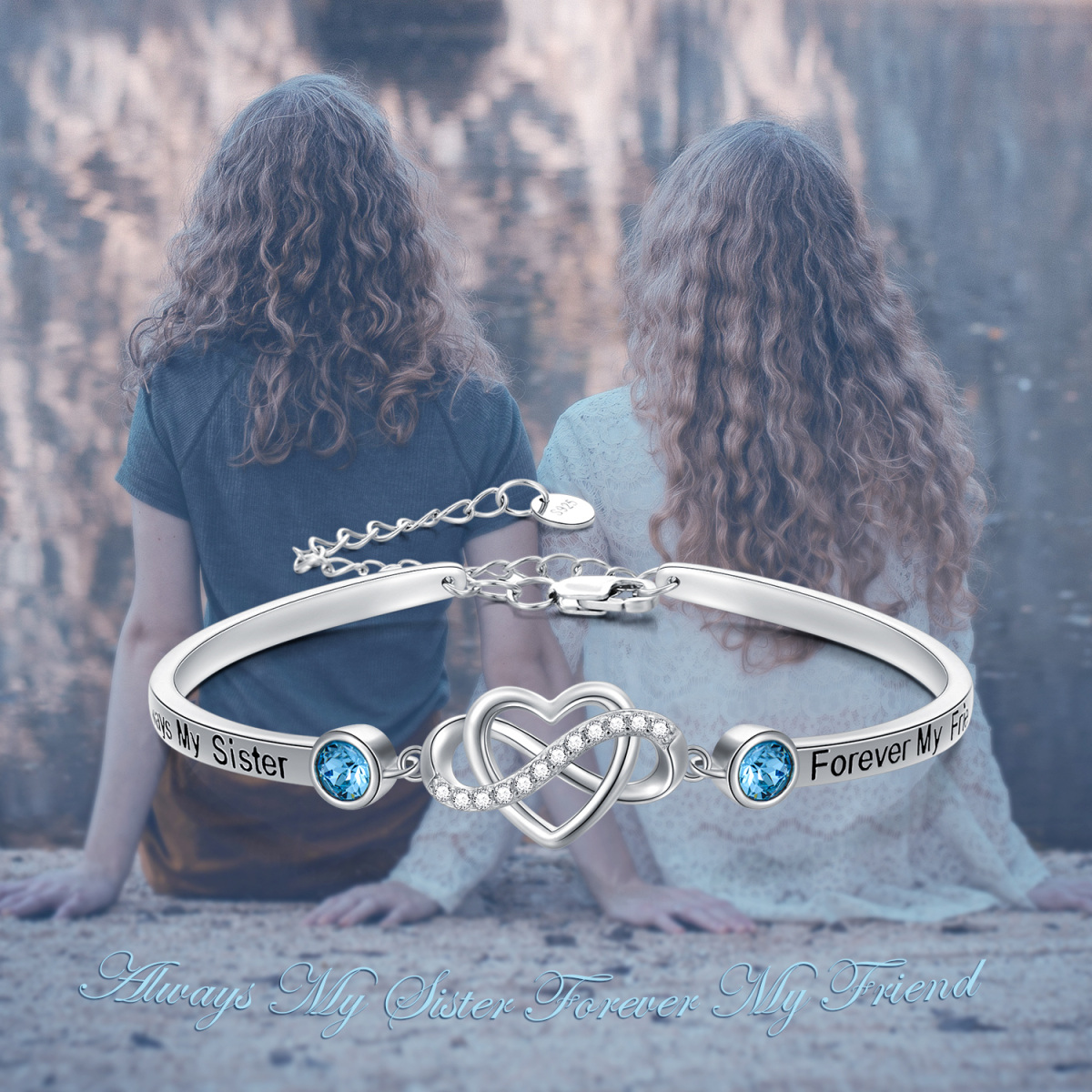 Sterling Silver Crystals Adjustable Infinity Love Heart Bangle Bracelet for Sister Mother Daughter-5