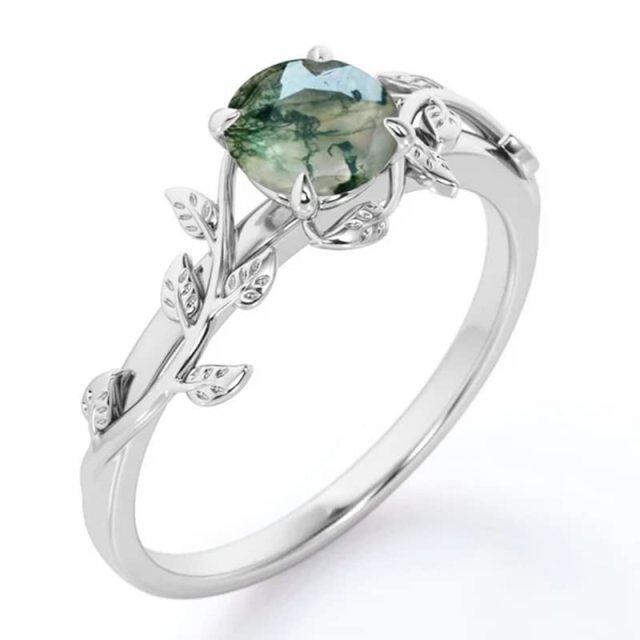 Sterling Silver 1 CT Circular Moss Agate & Personalized Engraving Ivy Engagement Ring-4