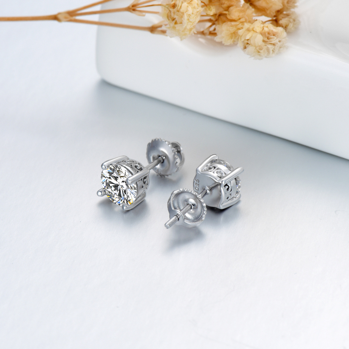 Sterling Silver 2 CT Moissanite Round Stud Earrings-4