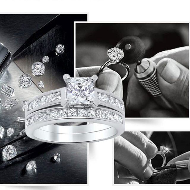 Aliança de casamento de moissanite princesa quadrada de prata esterlina 1 CT-3