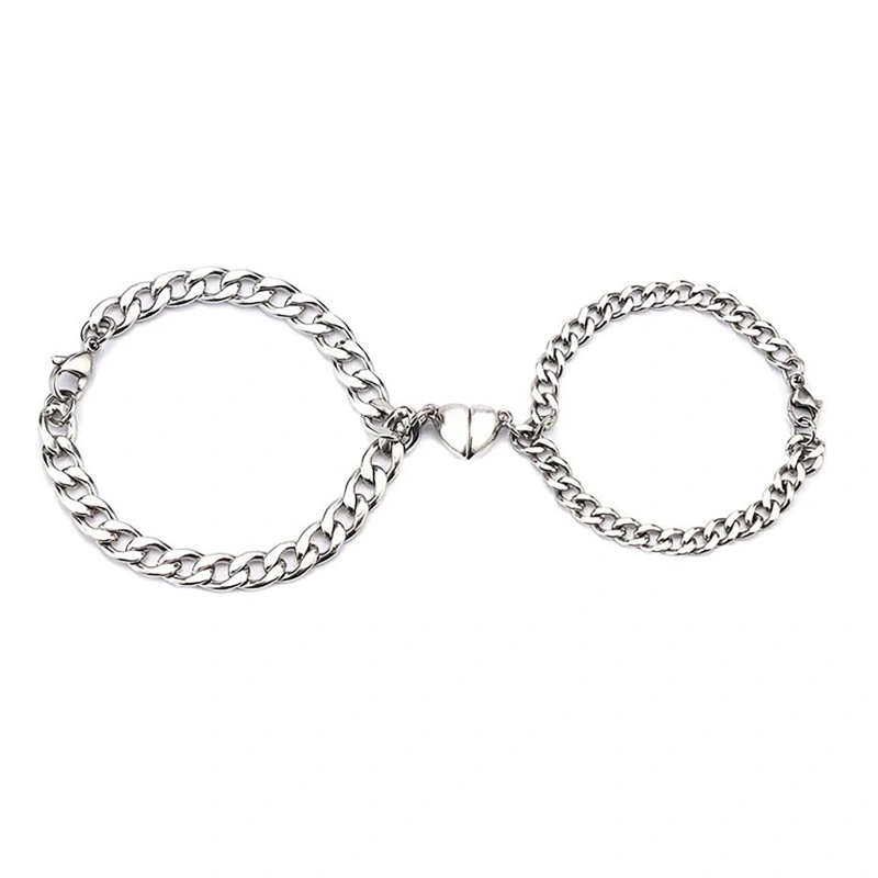 Sterling Silver Cuban Chain Magnetic Heart Charm Couple Bracelet