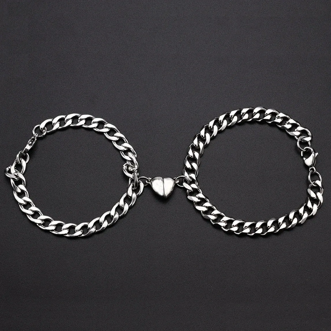 Sterling Silver Cuban Chain Magnetic Heart Charm Couple Bracelet-5