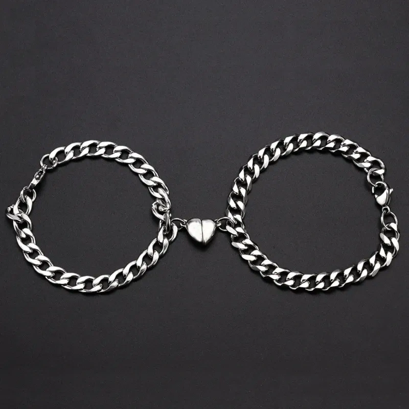 Sterling Silver Cuban Chain Magnetic Heart Charm Couple Bracelet-5