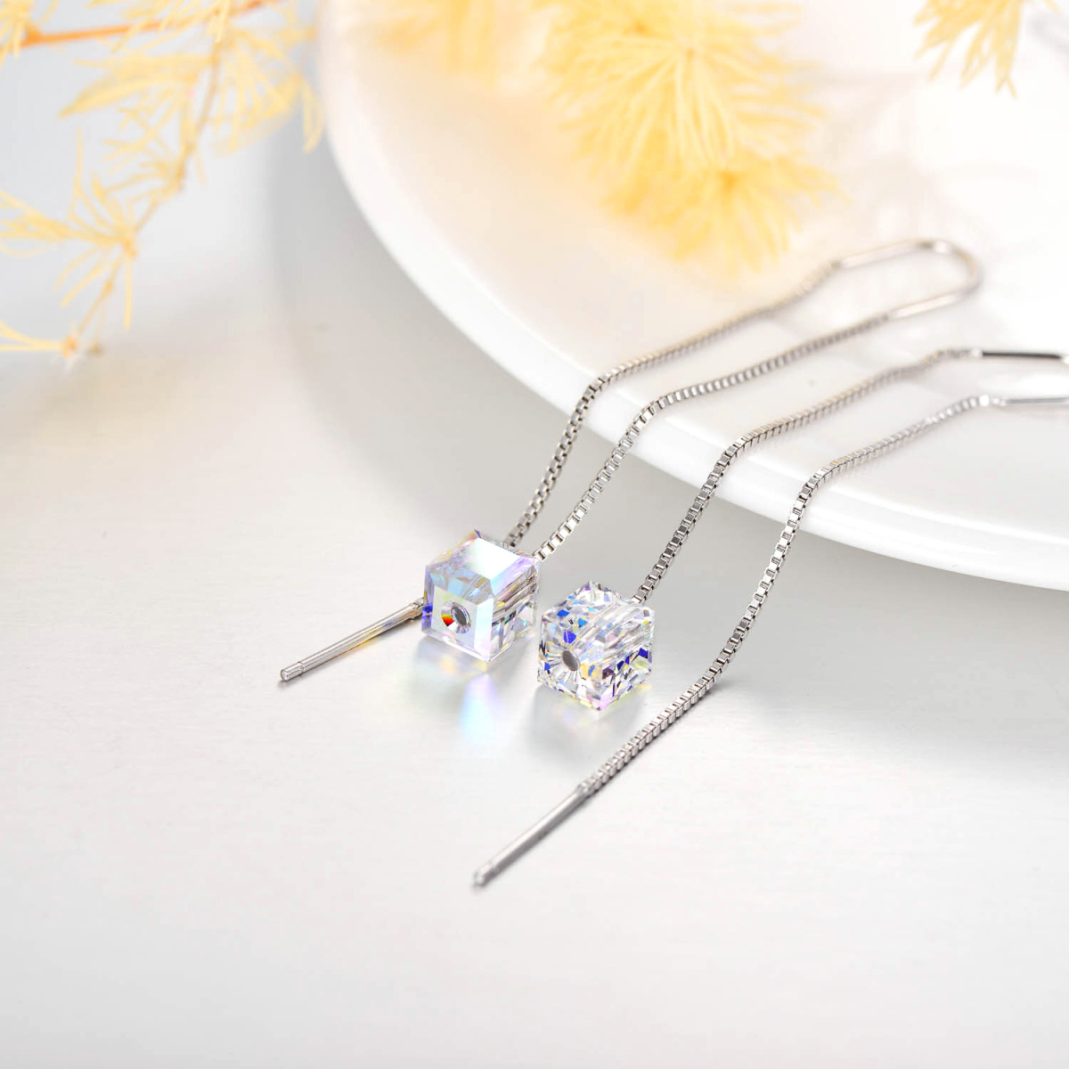 Sterling Silver Crystal Square Drop Earrings-3