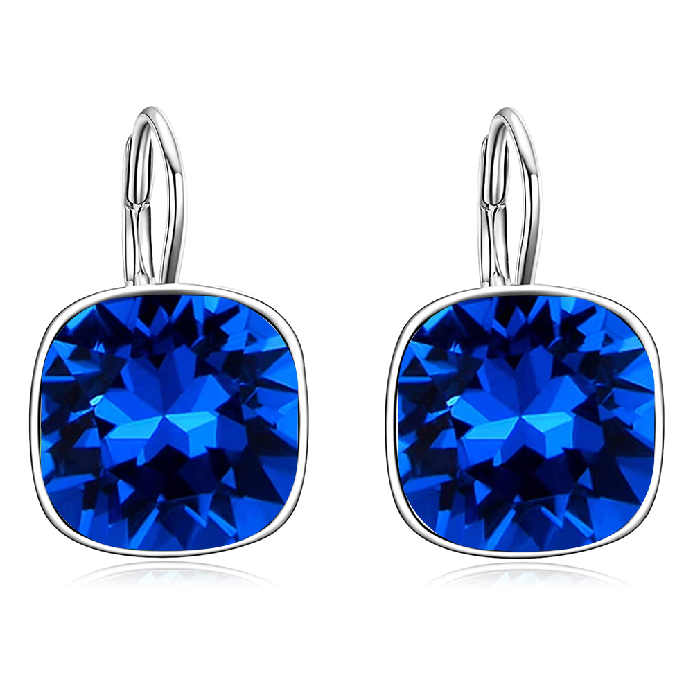 Sterling Silver Cushion Cut Blue Crystal Square Lever-back Earrings for Women-1