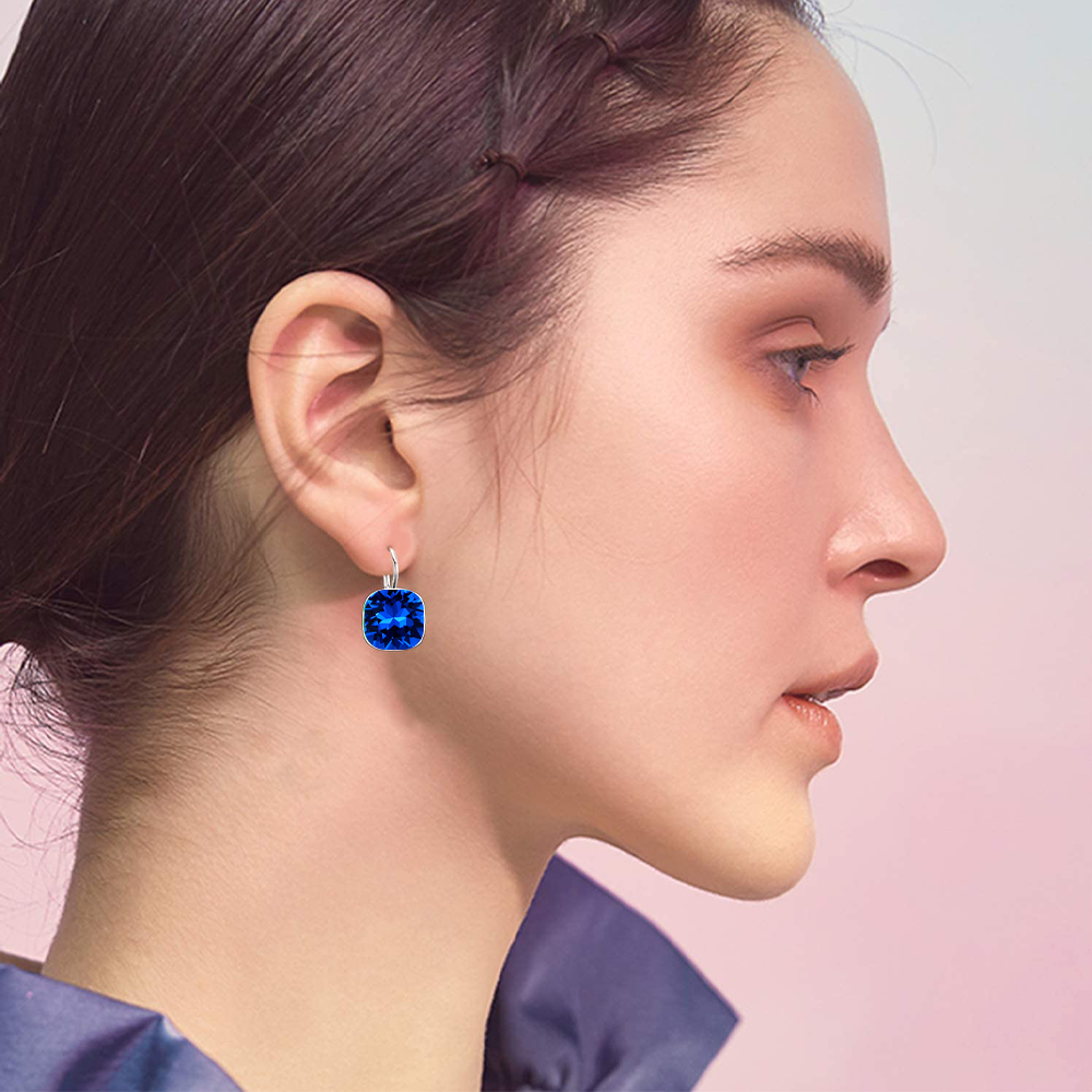 Pendientes cuadrados de plata de ley con cristal azul y talla cojín para mujer-2