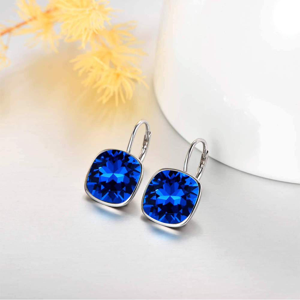 Sterling Silver Cushion Cut Blue Crystal Square Lever-back Earrings for Women-3