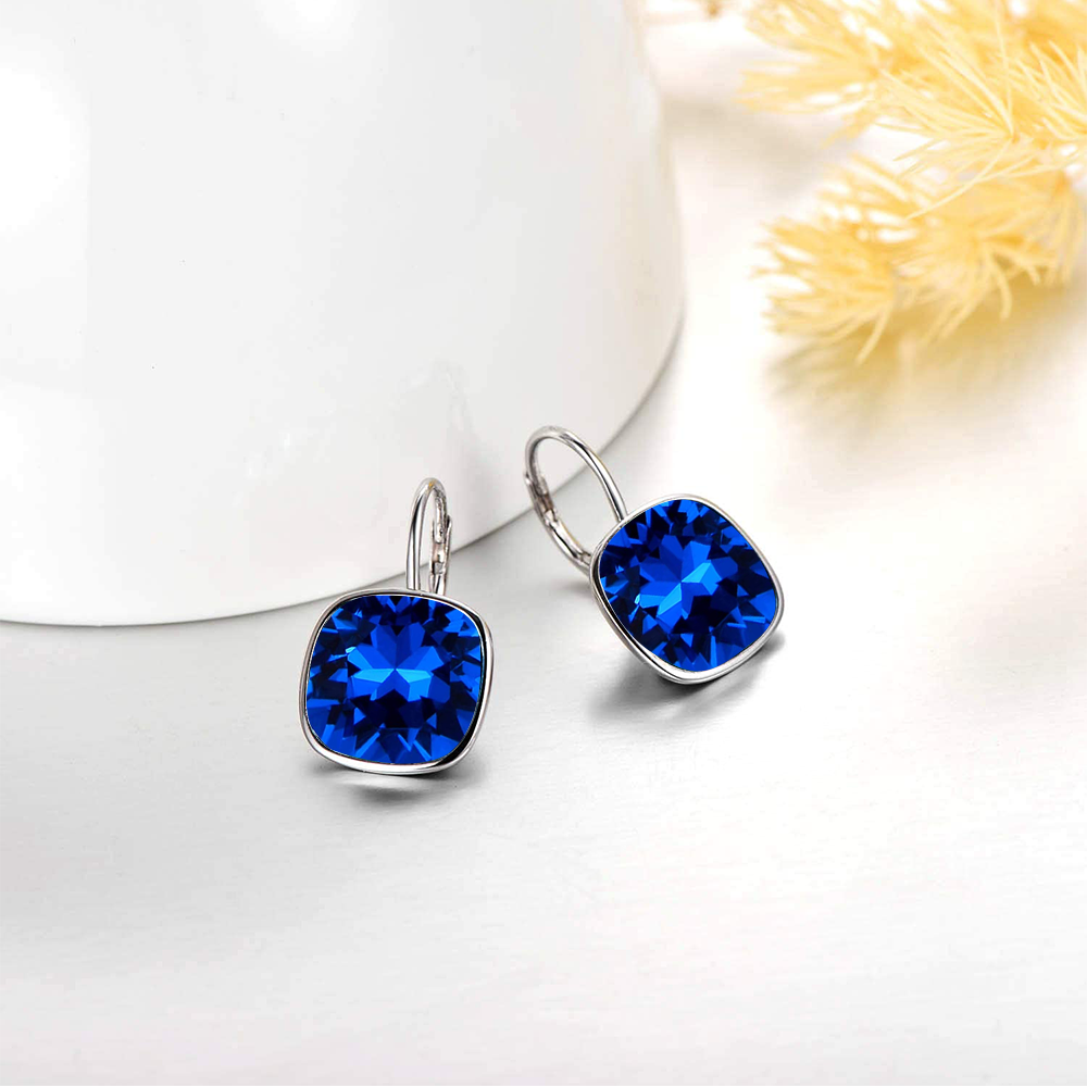 Sterling Silver Cushion Cut Blue Crystal Square Lever-back Earrings for Women-4