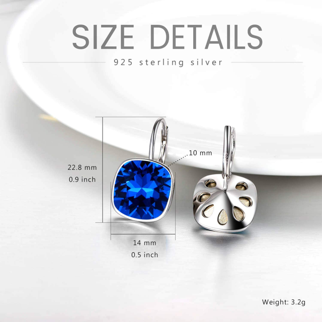 Sterling Silver Cushion Cut Blue Crystal Square Lever-back Earrings for Women-5