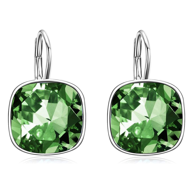 Sterling Silver Cushion Cut Green Crystal Square Lever-back Earrings for Women-1