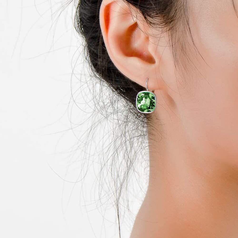 Sterling Silver Cushion Cut Green Crystal Square Lever-back Earrings for Women-2