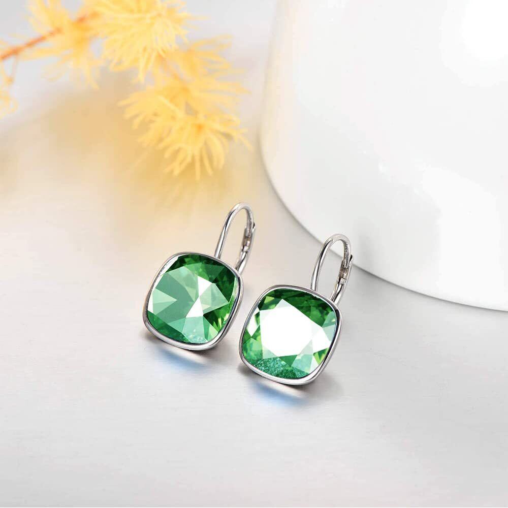 Sterling Silver Cushion Cut Green Crystal Square Lever-back Earrings for Women-3